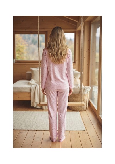 Pijamoni Kadın Süet Kumaş Önü Düğmeli Uzun Kollu Pijama Takımı Açık Pembe