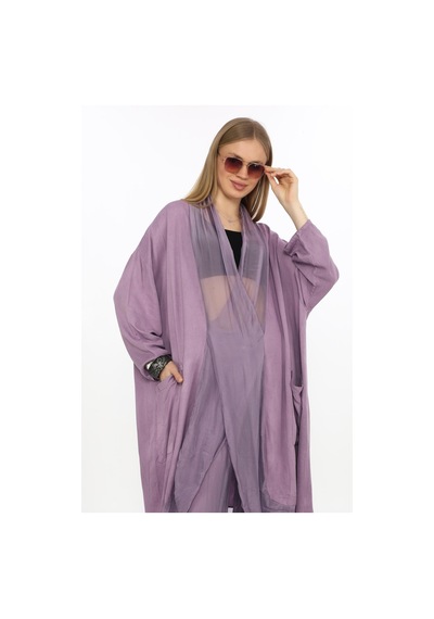 Bohem Stil İpek Detaylı Oversize Kap Bluz- Wes Pantolon Takım-8863 Leylak Lila