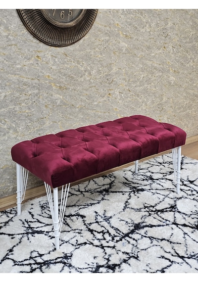 Zafir Beyaz Boyalı Tel Ayaklı 90 Cm Puf Bench - Puf - Bench - Kasalı Oturak - Oturak - Yatak Ucu Puf Bordo