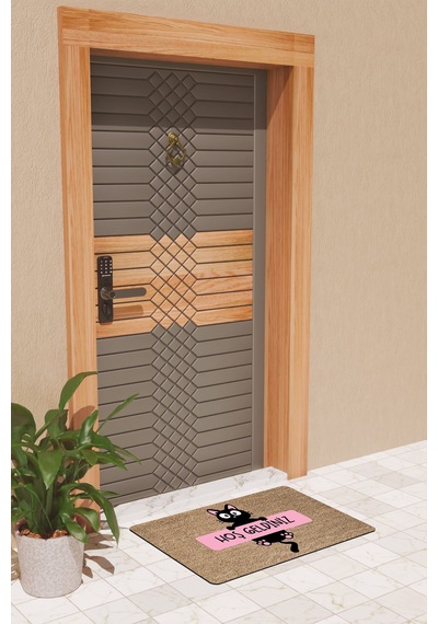 Rugmood Modern Dijtal Baskı Pembe, Siyah Hoşgeldiniz Kedi Kapı Önü Paspası Çok Renkli