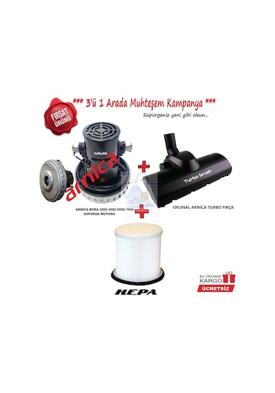 Arnica Bora 4000 Süpürge Motor+Turbo Fırça+Filtre Takımı