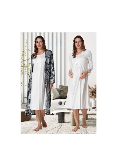 Lohusa Homewear Kadın Ekru Desenli Uzun Kollu Pamuklu Hamile Lohusa Sabahlık Gecelik 2'li Set Ekru