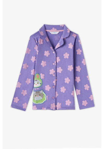 Penti Kız Çocuk Lila Feel Better Kedi Desenli Pamuklu Düğmeli Uzun Kollu Gömlek Pantolon Pijama Takımı