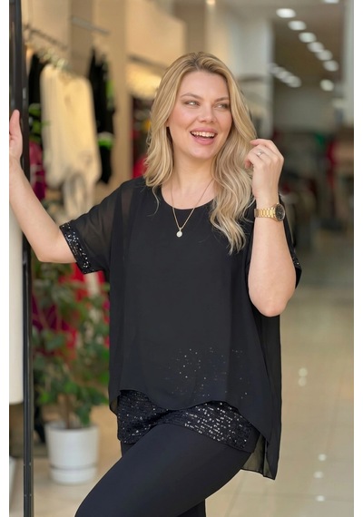 Aytemas Eteği Pullu Şifon Bluz siyah