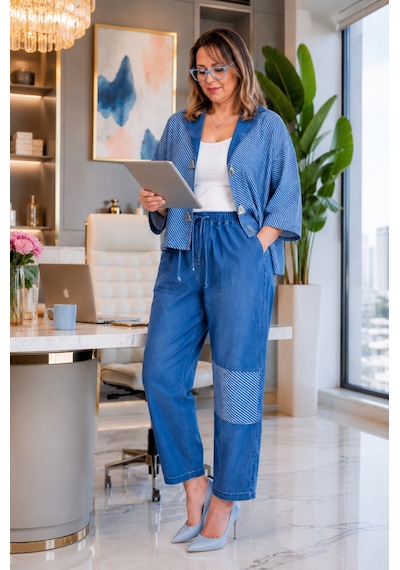 Büyük Beden Yakalı Geniş Kol Detaylı Düğmeli Çizgi Desenli Denim Kadın İkili Takım Mavi