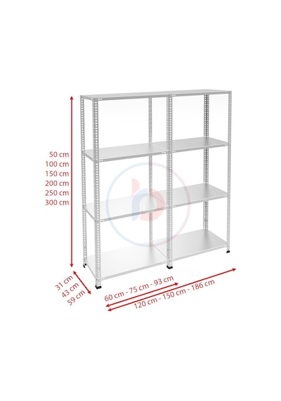 4 Katlı Duble Paslanmaz Krom Raf - Inox Soğuk Oda Rafı, Buzhane Rafı 43x93 Cm-0.70 Mm-200 Cm Gri