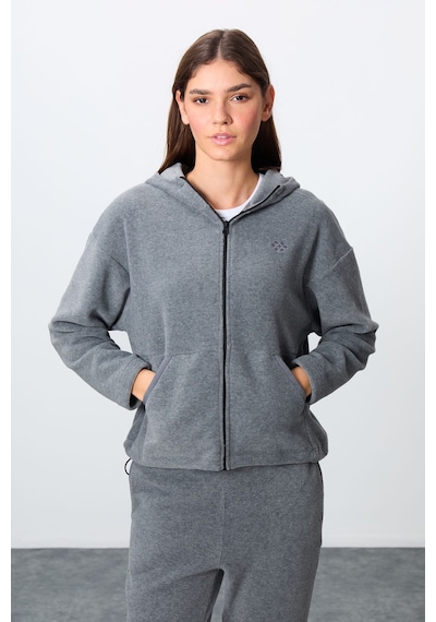 Tommy Life Gri Melanj Kalın Yumuşak Dokulu Kapüşonlu Oversize Nakışlı Polar Kadın Eşofman Takım -95338 GRİ MELANJ