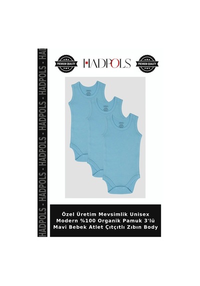 Hadpols Özel Üretim Mevsimlik Unisex Modern %100 Organik Pamuk 3'lü Mavi Bebek Atlet Çıtçıtlı Zıbın Body