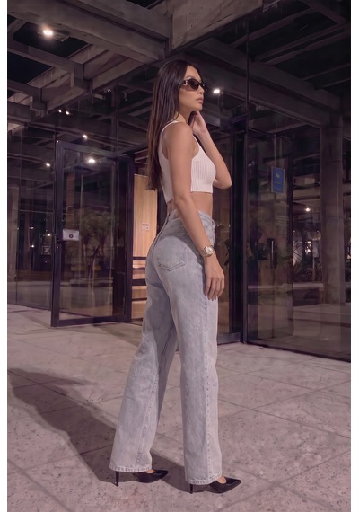 Kadın Buz Mavi Önü Full Taşlı Likralı Yüksek Bel Wide Leg Geniş Paça Jean Kot Pantolon