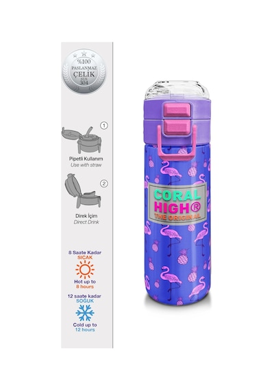 Coral High Kids Lavanta Pembe Flamingo Desenli Pipetli Ve Direkt İçim Çelik Termos 500 Ml 31905 Lavanta - Sarı
