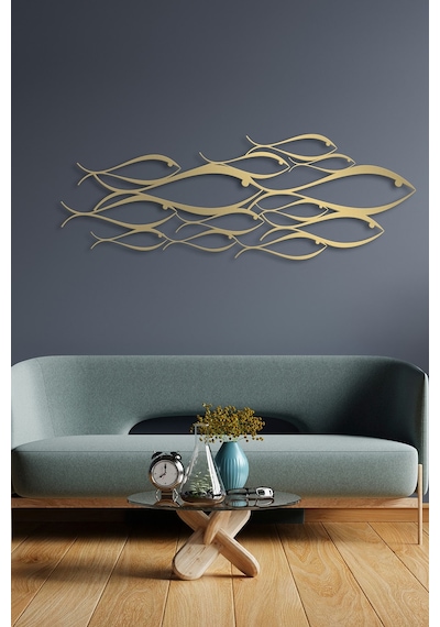 School Of Fish Metal Duvar Dekorasyonu - Gold - 150 X 53 Cm