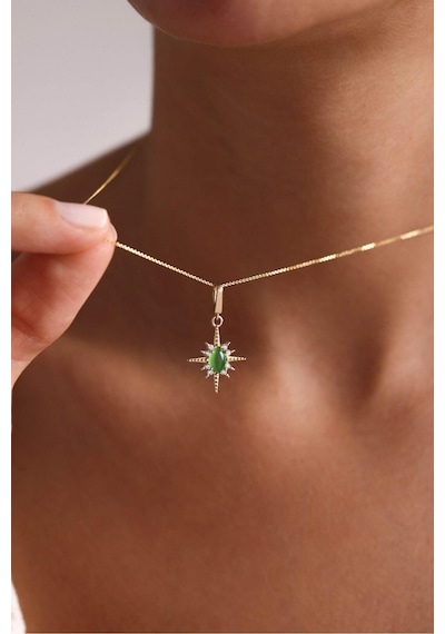 Yeşil Oval Taşlı Kutup Yıldızı Kilitli Charm Kolye Ucu