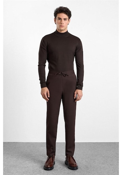 Süvari Koyu Kahve Slim Düz Twill Lastikli Jogger Pantolon Spn2020500028-kh9