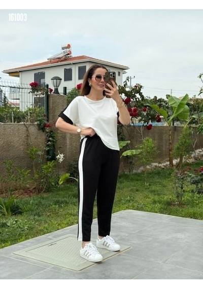 Efnaz Style Kadın Kısa Kollu Modal Dokulu Kumaş Yanı Şeritli Takım Siyah