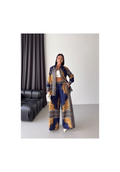 Wellway İthal Chokellaa Kumaş Çiçekli Tunik Gömlek & Pantolon 2li Takım-sarı -26112 Mavi