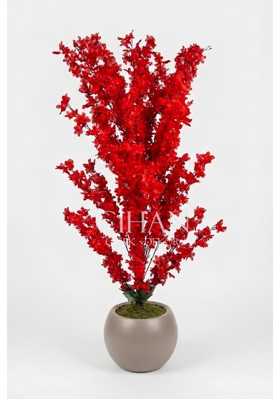 Yapay Kırmızı Sakura Kiraz Çiçeği Ağacı 120 Cm - Küre Plastik Saksılı 27x33 Cm Saksı Beyaz