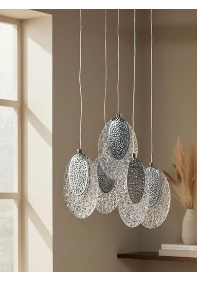 3 Renk İstiridye Model 4+1 Sarkıt Lüx Avize Krom - Gümüş
