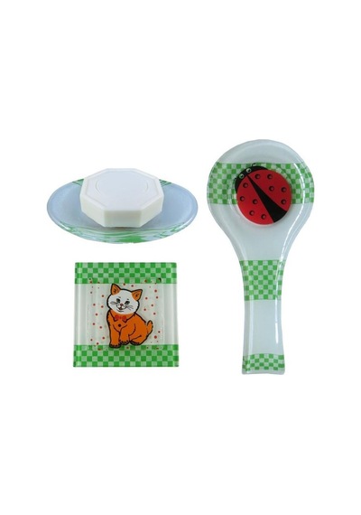 Cam Gider Kapağı + Cam Kepçe Altlığı Kaşıklık + Cam Sabunluk 3Lü Set