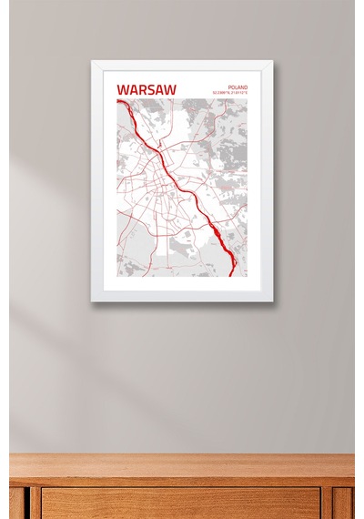 Varşova Polonya Warsaw - Poland Haritası Çerçeveli Tablo Lüks Salon Ofis Duvar Dekorasyon Tablo Beyaz