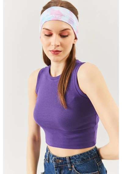 Butikgiz Kadın Sıfır Kol Bisiklet Yaka Vücuda Oturan %100 Pamuklu Kaşkorse Esnek Crop Bluz Mor