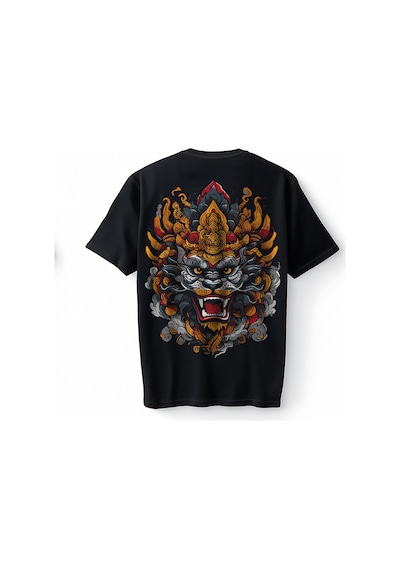 Bumeta Asian Guardian Lion Head Beast Oversize Unisex Tişört T-shirt Siyah