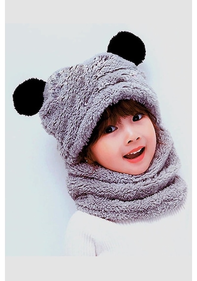Bundera Panda Çocuk Kapşonlu Peluş Bere Atkı Welsoft Boyunluk