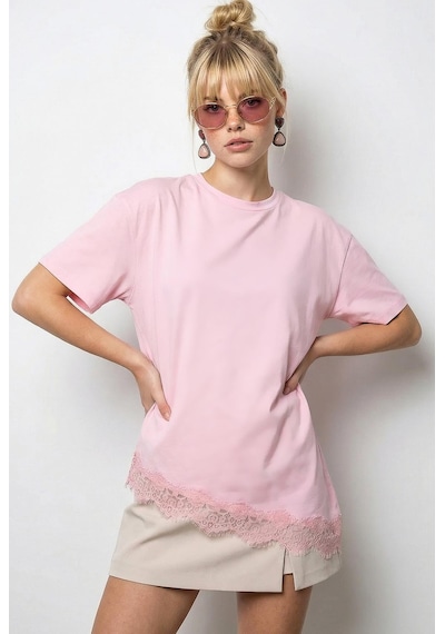 Shade Kadın Dantel Detaylı Asimetrik Kesim Kısa Kollu T-shirt 1078 60286069 - Pembe