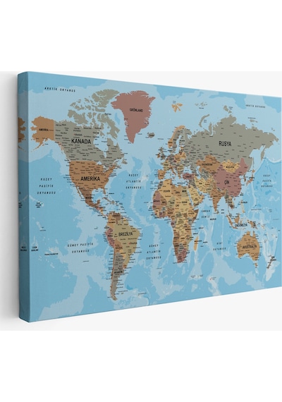 Dünya Haritası Türkçe Kanvas Tablo Ayrıntılı Dekoratif-okyanuslu 2182