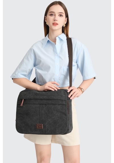 Hüvendo Cactive Kanvas Su Geçirmez Kumaş Uzun Askılı Laptop Bölmeli Unisex Postacı Çantası Siyah Siyah