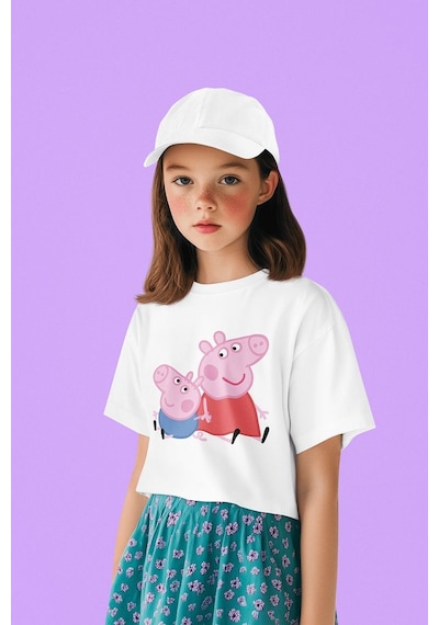 Sevbano Peppa Pig Baskılı Unisex Çizgi Film Çocuk Tişört 1-12 Yaş Beyaz