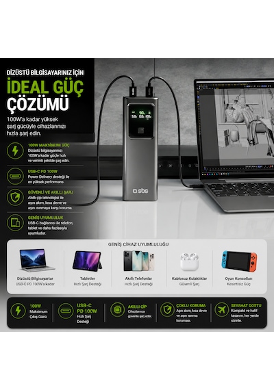 Sbs 20.000 Mah 100w Power Delivery Powerbank Lcd Ekran 2x Usb-c Pd 100w + Usb-a 22.5w Dizüstü Bilgisayar Uyumlu Silver-Gri Sbs 20.000 Mah 100w Power Delivery Powerbank Lcd Ekran 2x Usb-c Pd 100w + Usb-a 22.5w Dizüstü Bilgisayar Uyumlu Silver-Gri