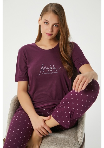 Ritnice Kadın Magic Viskon Bisiklet Yaka Kısa Kol Mürdüm Alt Üst Pijama Takımı Mürdüm