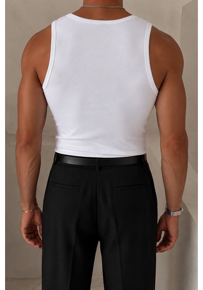 Tarz Cool Erkek Beyaz Slim Fit Ribana Bisiklet Yaka Likralı Süprem Atlet