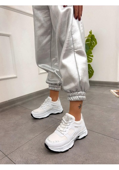 Erva'nın Butiği Beyaz Cilt Leo Leopar Detaylı Kadın Bağcıklı Sneakers-5202