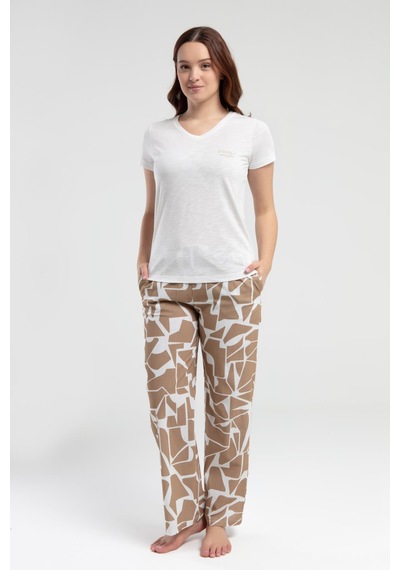 Pierre Cardin Paris Kadın Beautiful V Yaka Kısa Kollu Desenli Pijama Takım Krem
