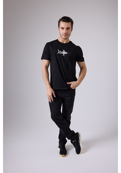 Marıne Tee Deniz Temalı Ribana Bisiklet Yaka Pamuk T-shirt-3136 SIYAH
