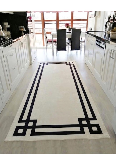 Vogue Yıkanabilir Kaymaz Tabanlı Halı Yolluk Makinede Beyaz Siya
