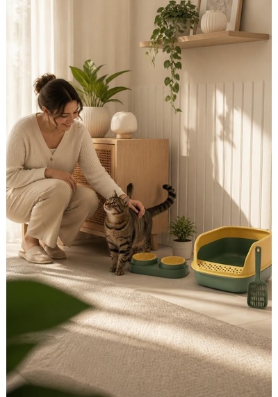 Busstier Evcil Hayvan Başlangıç Kiti, Kedi Tuvaleti, İkili Mama Ve Su Kabı Ve Kum Küreği Seti,