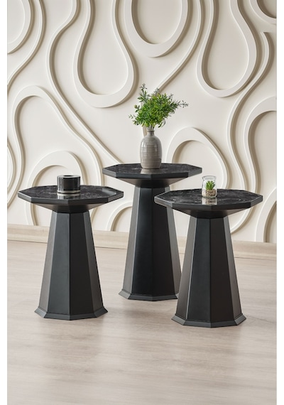 Elegance 3'lü Sehpa,yan Sehpa,zigon Sehpa - Siyah & Siyah Mermer Desenli Siyah & Siyah Mermer Desenli