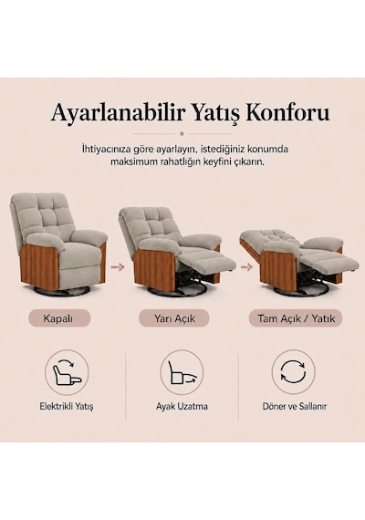 Smarto Relax Porto Tv Koltuğu Ahşap Yan Panelli Döner Ve Elektrikli Döner Sallanan Kontrollü Nefes Alabilir Kumaş Baba Koltuğu Bej