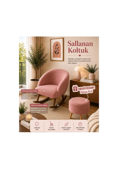 Lavin Sallanan Koltuk Berjer Koltuk Teddy Kumaş Ahşap Ayaklı Puf Hediyeli Gülkurusu Gülkurusu