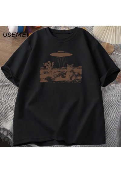 Startmore Vintage Ufo Cowboy Cat T Shirt Retro T-shirt 90s Western Tshirt Wild West Kitten Tshirt Casua 3047 Siyah
