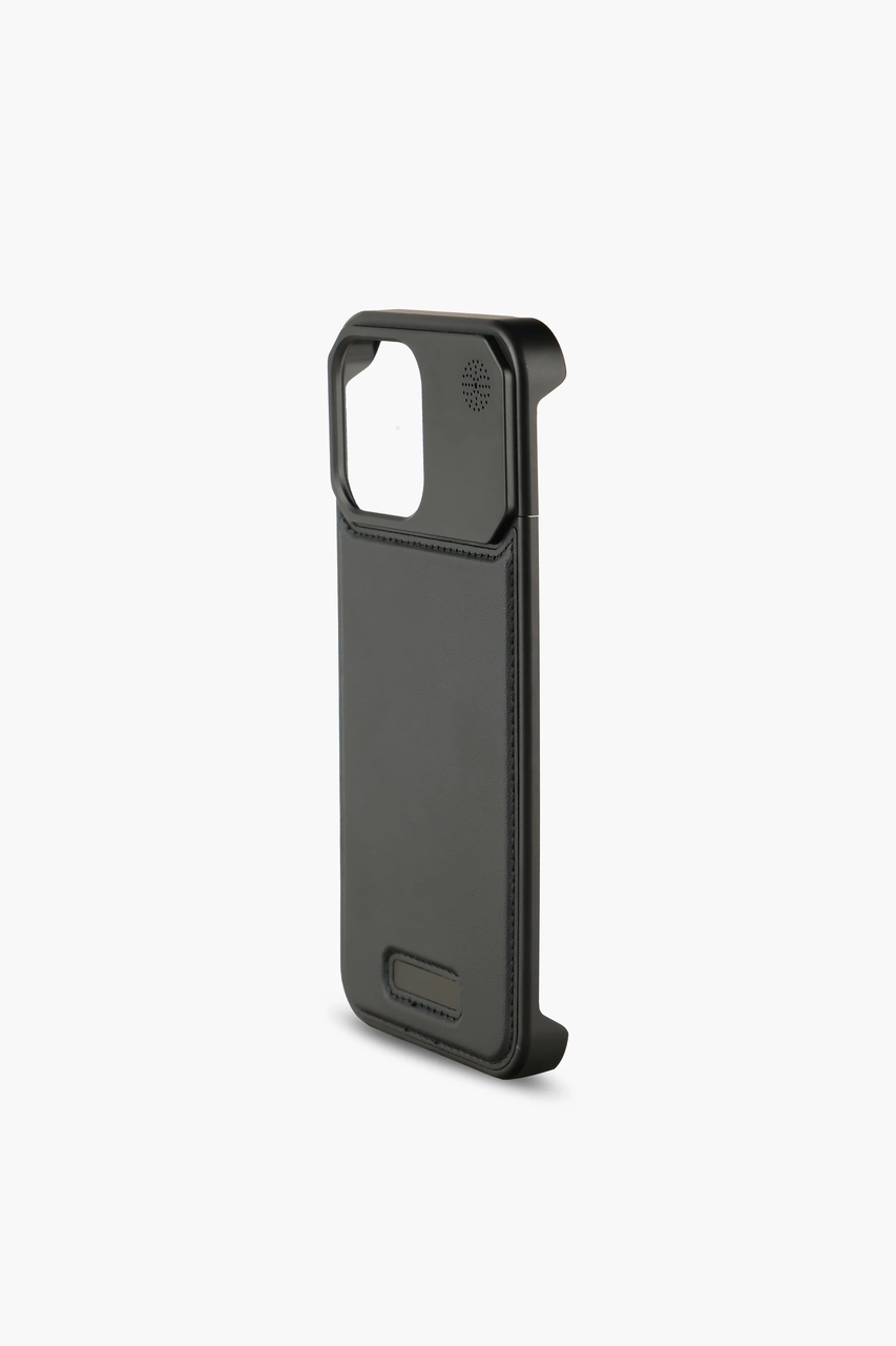 Therock 15 Pro Max Siyah Magsafe Özellikli Alüminyum Alaşımlı Hakiki Deri,kokulu Metal Kızaklı Telefon Kılıfı Siyah
