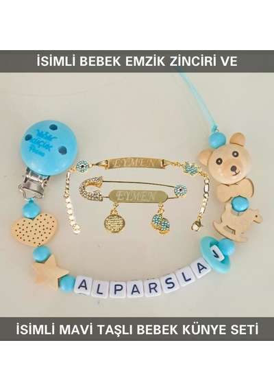 Sahi Aksesuar İsimli Bebek Emzik Zinciri ve Mavi Taşlı Bebek Künye Seti Mavi