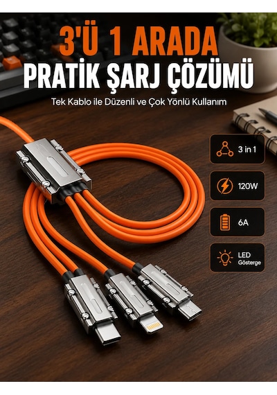 Yüksek Güç Aktarımı Sunan 6a Destekli Çoklu Bağlantı Şarj Ve Veri Kablosu Turuncu