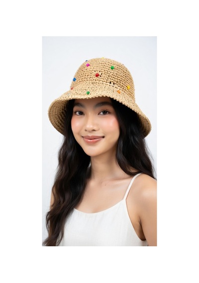 Mollycrush Kadın Renkli Boncuk Detaylı Camel Hasır Bucket Şapka El Örgüsü Yazlık Trend Kova Stil Camel