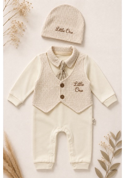 Beniizle Little One Nakışlı Şapkalı Kravatlı Erkek Bebek Tulum Ekru