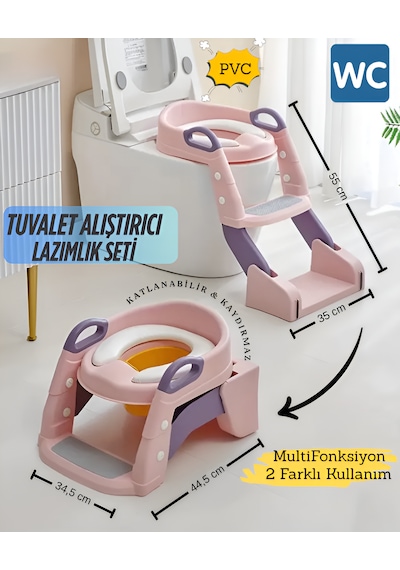 Tuvalet Eğitim Alıştırma Koltuğu Tutma Kollu Ayarlanabilir Lazımlık Klozet Pisuvar Merdivenli Kapağı Adaptörü