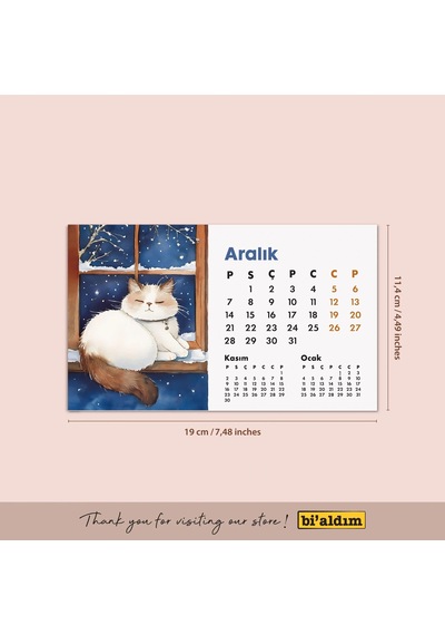 2027 Kedili Masa Takvimi Üç Aylık Takvim - Önceki Ay Sonraki Ay Kedi Severlere Hediye