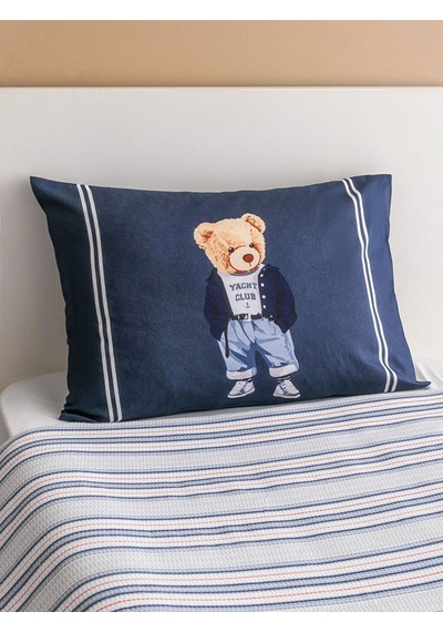 Lacivert Ayıcık Teddy Baskılı %100 Pamuklu Tek Kişilik Pike Seti 160 X 220 Cm Lacivert